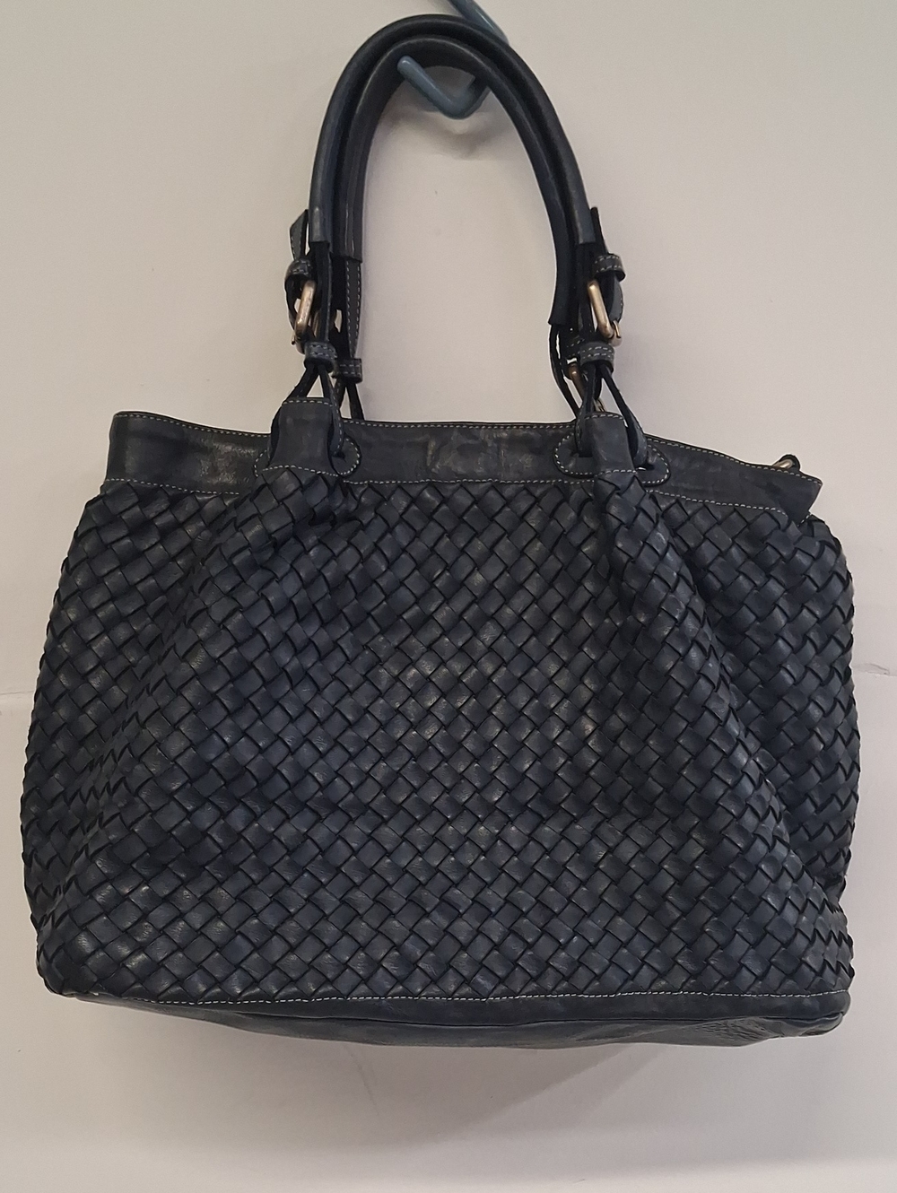 Woven Leather Tote Bag in Dark Navy Genuine Italian Leather